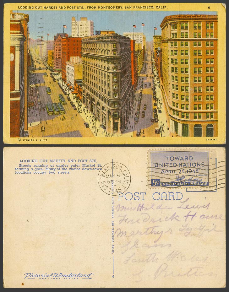 USA 1945 Old Postcard Looking Out Market Post Sts. From Montgomery San Francisco