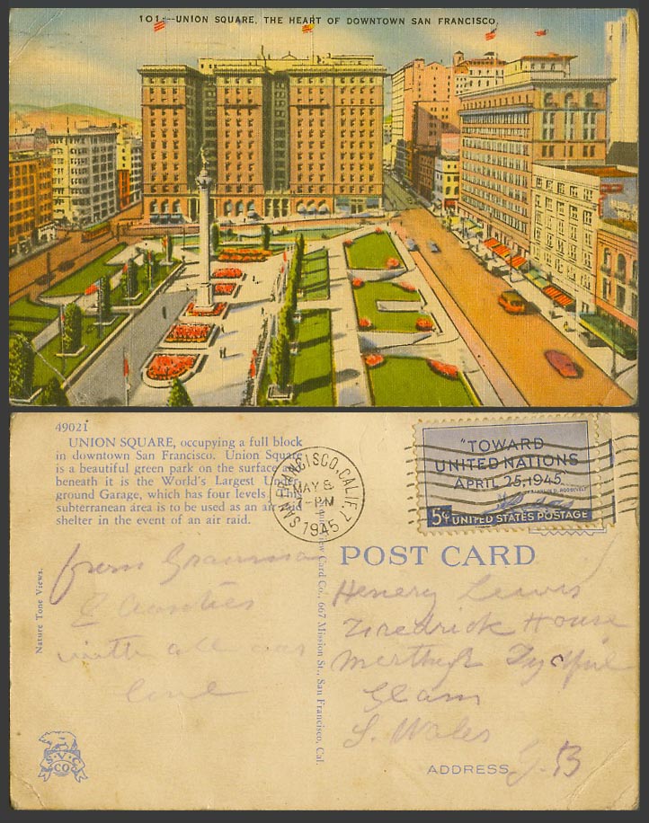 USA 1945 Old Postcard San Francisco Union Square, Heart of Downtown Street Scene