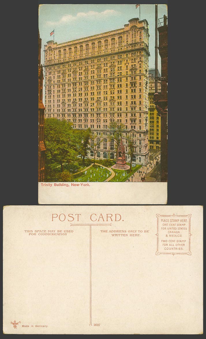 USA Old Colour Postcard Trinity Building, New York, Street Scene, Monument Flags