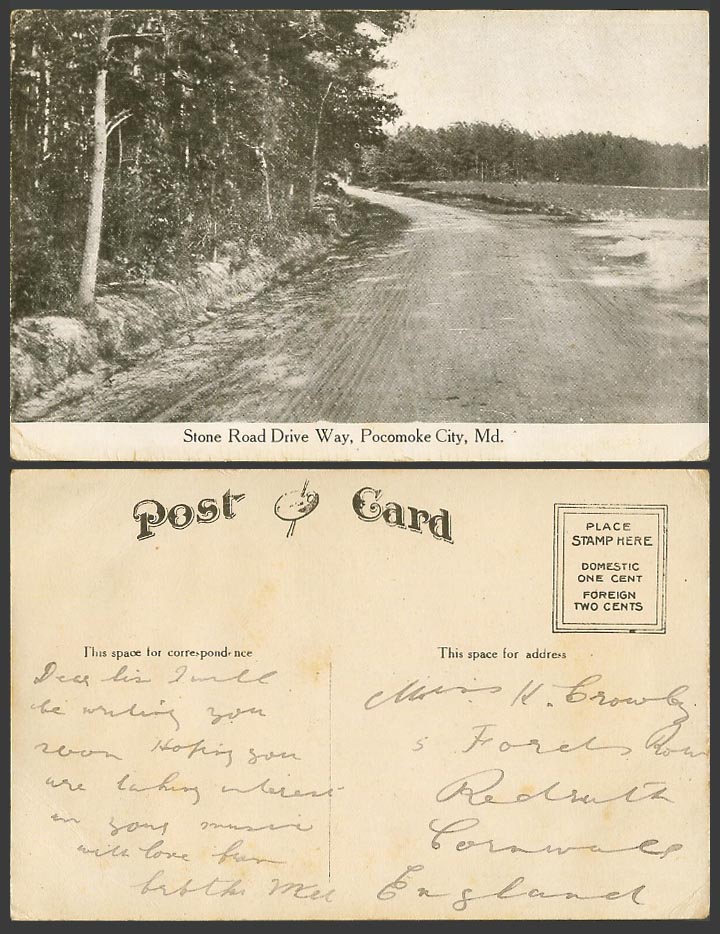 USA Old Postcard Stone Road Drive Way, Pocomoke City, Md. Maryland