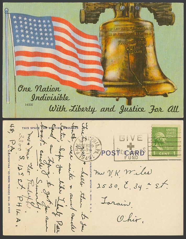 USA 1949 Old Postcard One Nation Indivisible Liberty Justice Flag Bell Red Cross