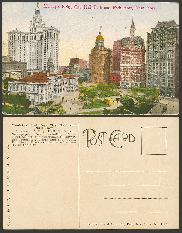 USA Old Postcard Municipal Bldg. City Hall Park & Park Row New York Street Scene