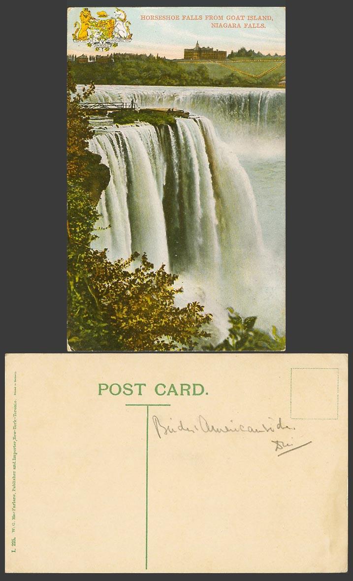 Canada Old Postcard Horseshoe Falls from Goat Island Niagara Falls, Coat of Arms