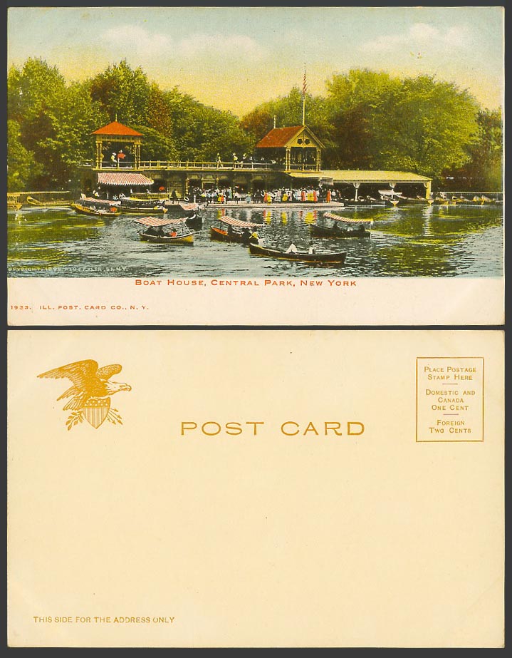 USA Old Colour UB Postcard Boat House Boathouse Central Park New York Lake Boats