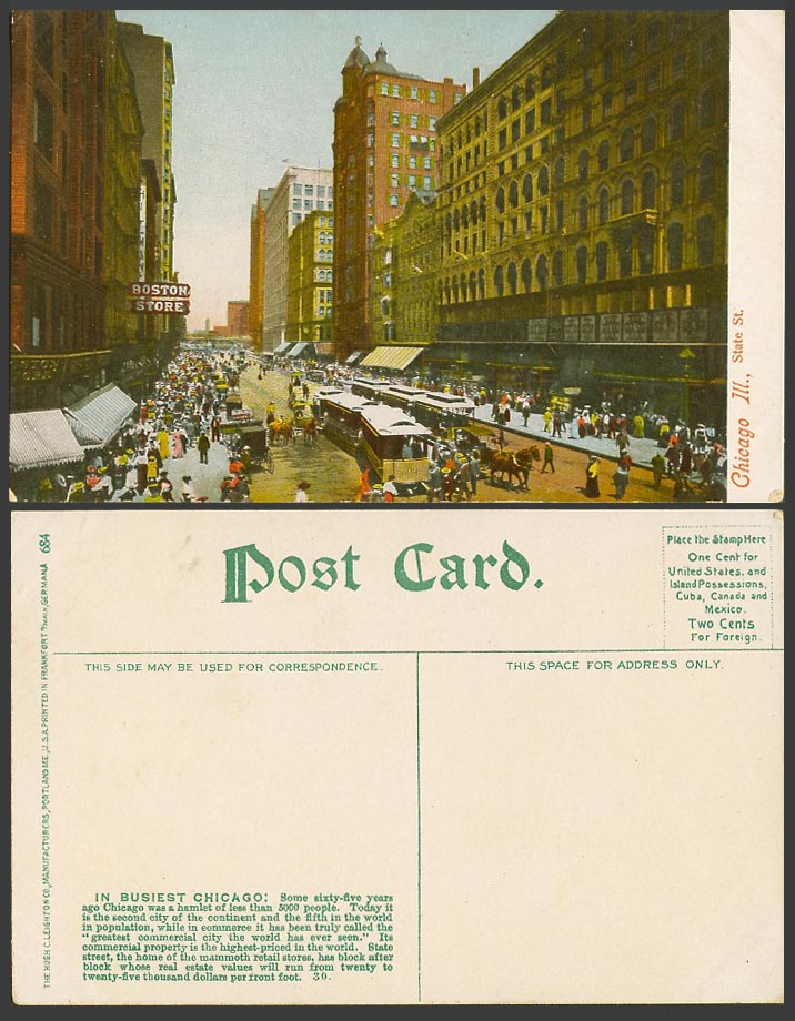 USA Old Colour Postcard State St. Street Scene, Chicago III. Boston Store, TRAM