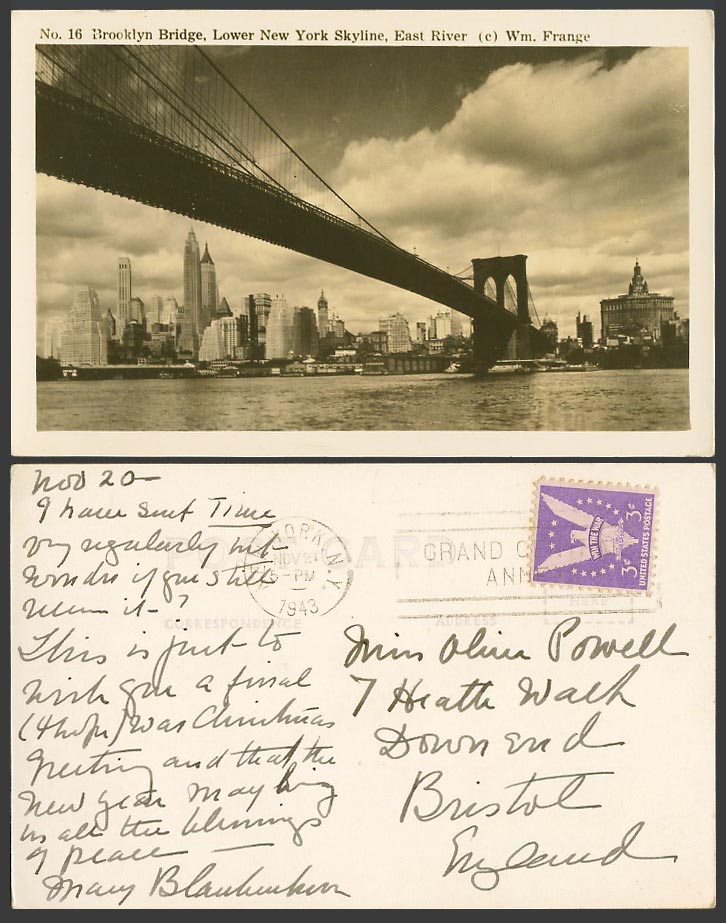 USA 3c Win War 1943 Old Real Photo Postcard Brooklyn, Bridge East River New York