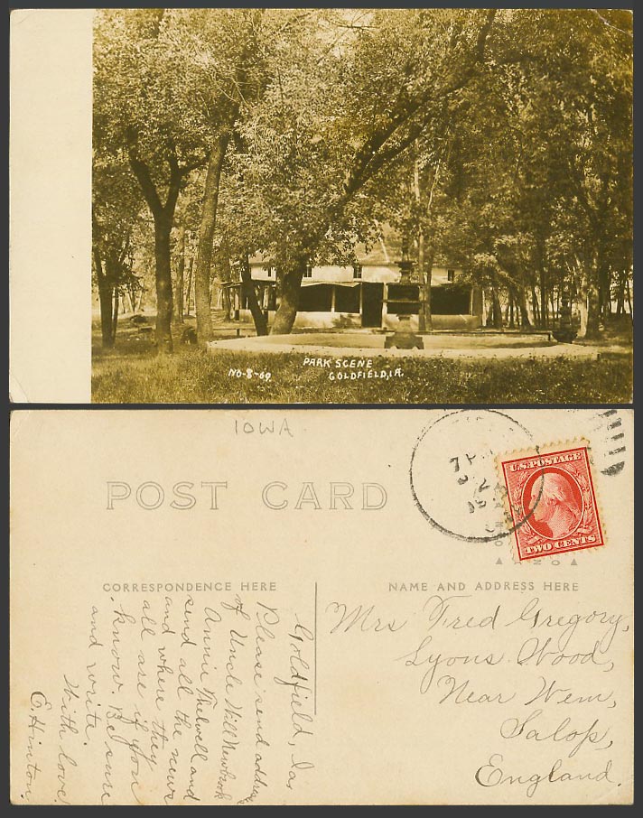 USA 2c. Old Real Photo Postcard Park Scene, Goldfield, I.A. Iowa, Trees, No-8-69