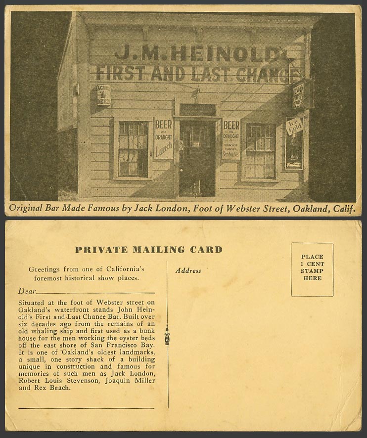 USA Old Postcard Original Bar by Jack London, Webster Street, Oakland California