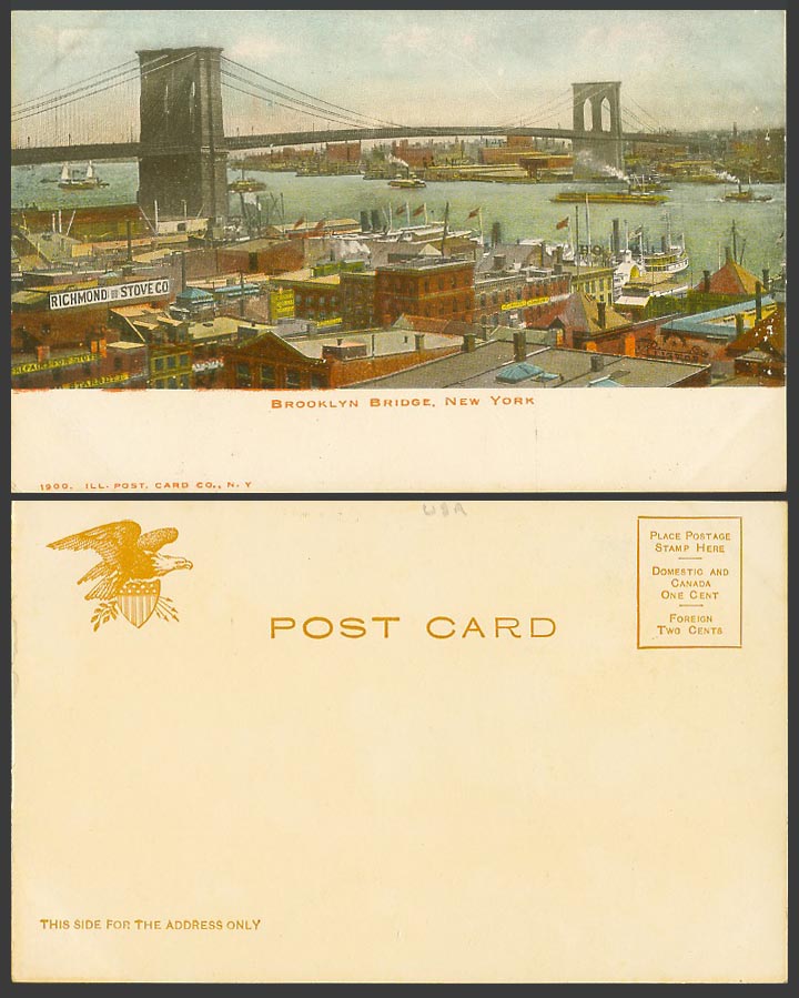 USA Brooklyn Bridge over East River, New York Old Colour UB Postcard Ships Boats