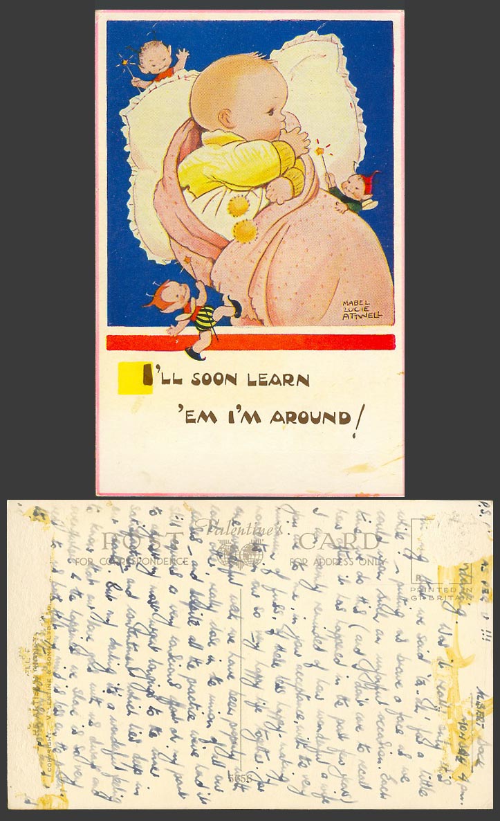 MABEL LUCIE ATTWELL Old Postcard Baby Fairies I'll Soon Learn Em I'm Around 5656