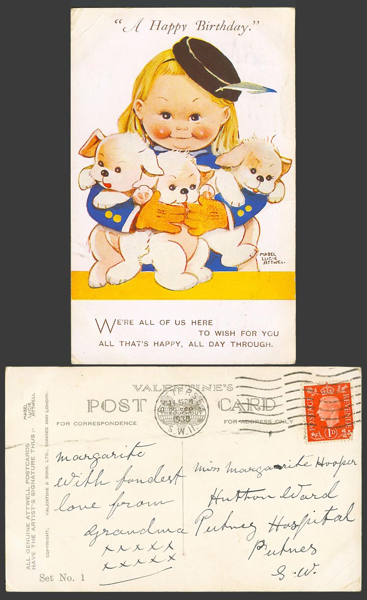 MABEL LUCIE ATTWELL 1938 Old Postcard A Happy Birthday 3 Dogs Puppies, Set No. 1
