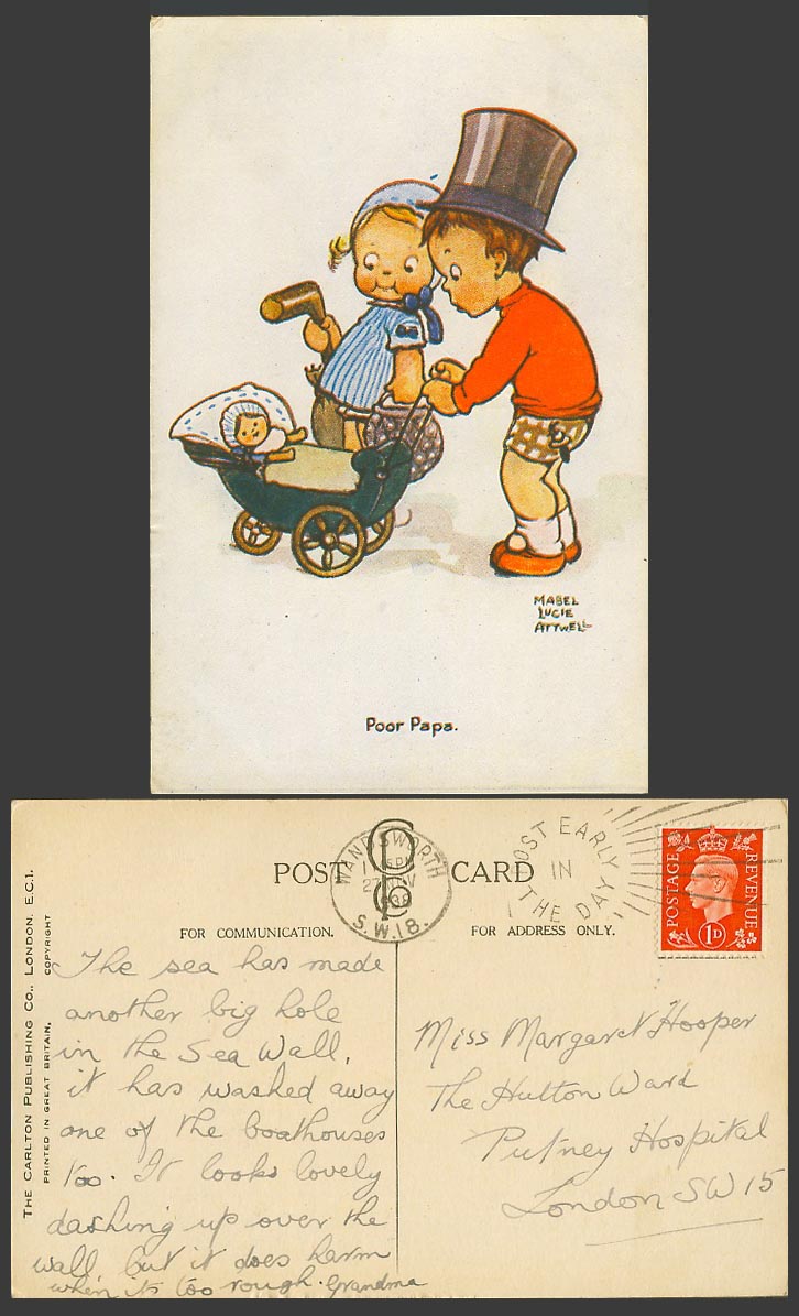 MABEL LUCIE ATTWELL 1938 Old Postcard Poor Papa, Baby Push Chair, Boy Girl, Doll