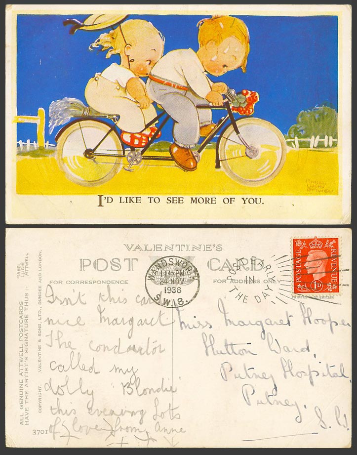 MABEL LUCIE ATTWELL 1938 Old Postcard TANDEM BICYCLE I Like See More of You 3701