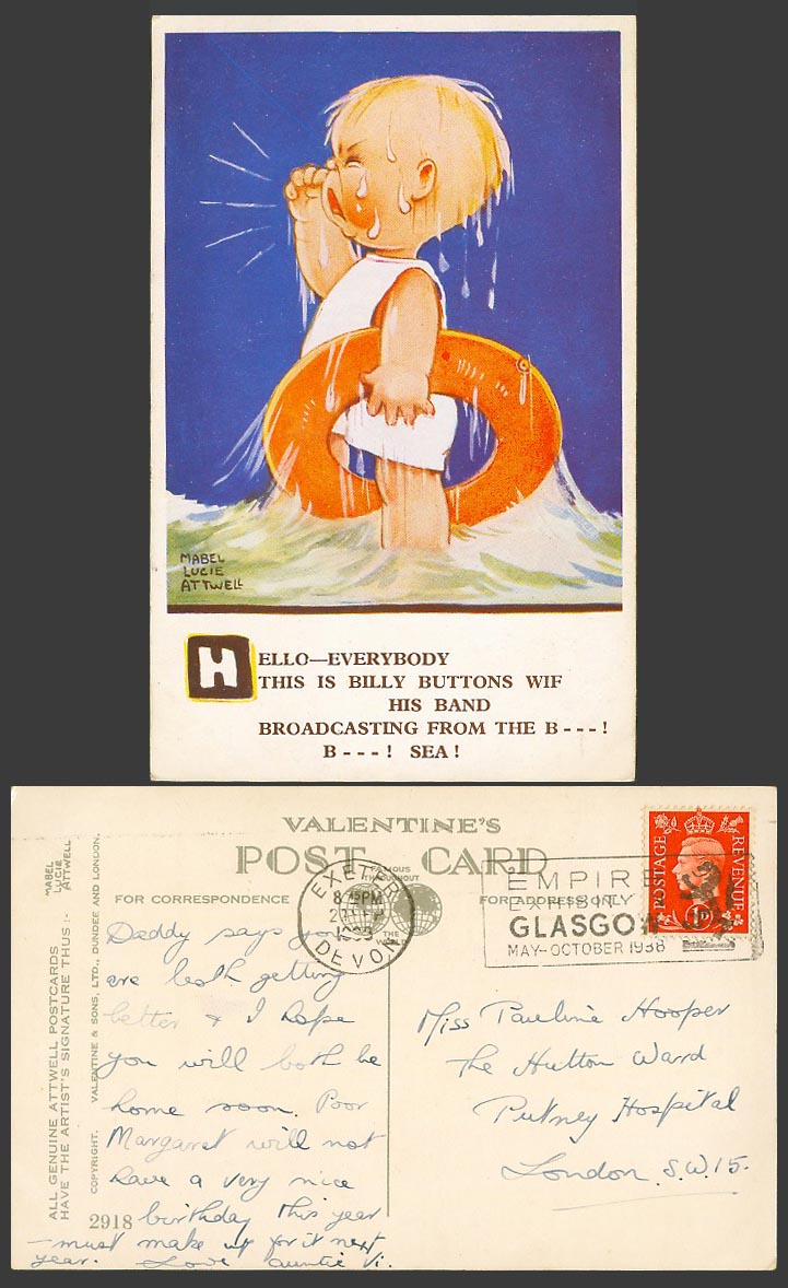 MABEL LUCIE ATTWELL 1938 Old Postcard Billy Buttons Broadcasting from Sea 2918