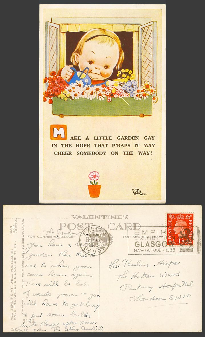MABEL LUCIE ATTWELL 1938 Old Postcard Watering Can, Flowers Make Garden Gay 3106