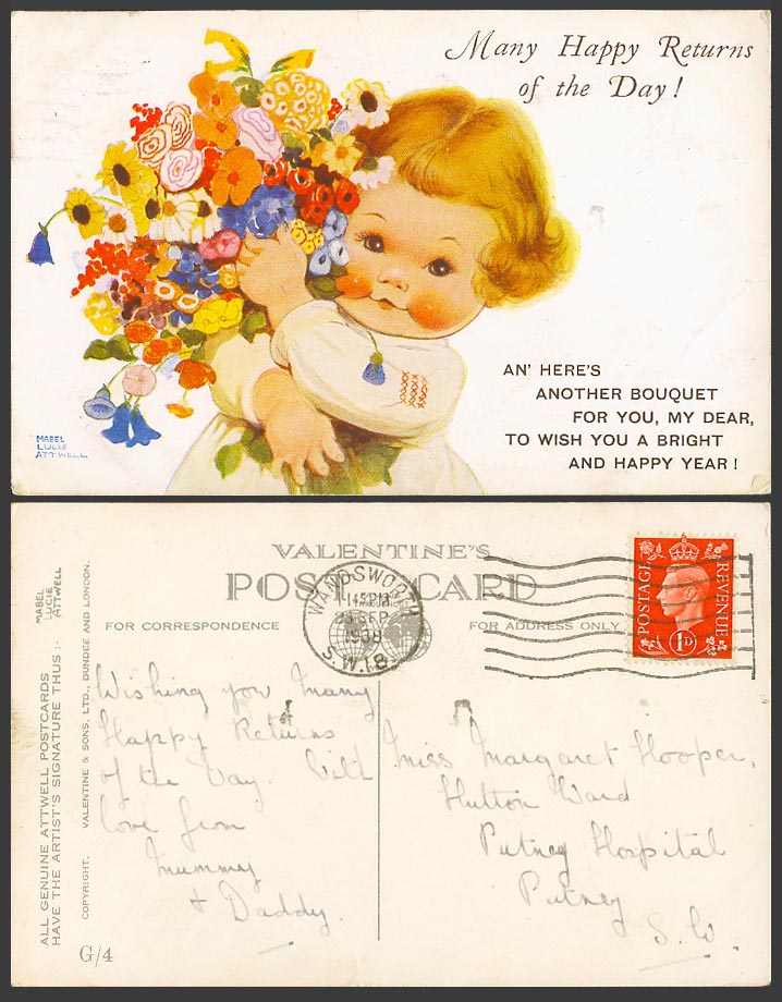 MABEL LUCIE ATTWELL 1938 Old Postcard Many Happy Returns of the Day! Flowers G/4