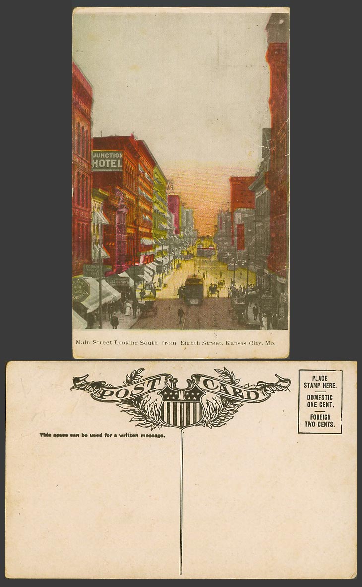 USA Kansas City Old Postcard Main Street from Eighth Street ,TRAM Junction Hotel