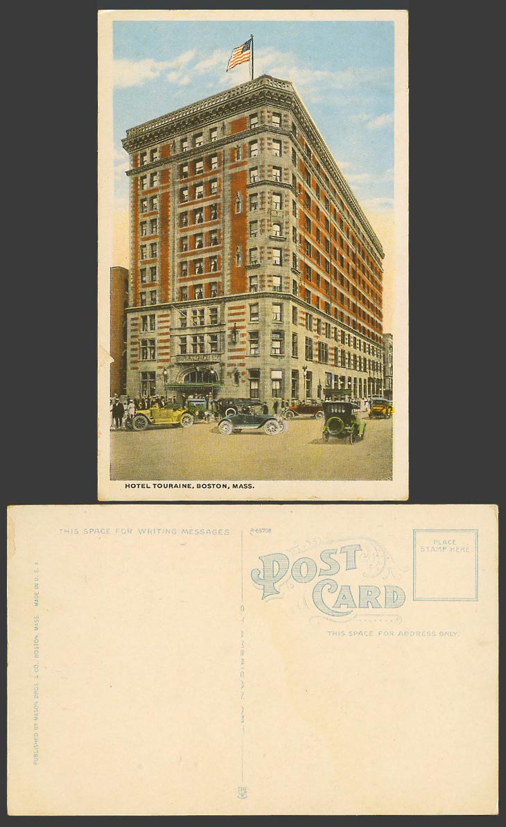 USA Old Colour Postcard Hotel Touraine Boston Mass. Flag Street Scene Motor Cars