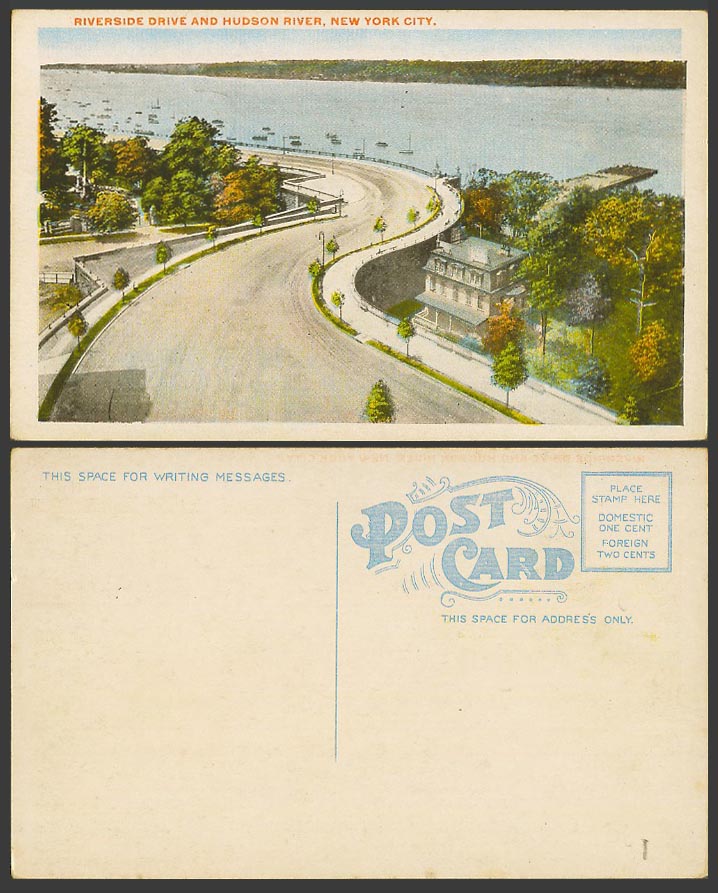 USA Old Colour Postcard Riverside Drive, Hudson River New York City Street Scene