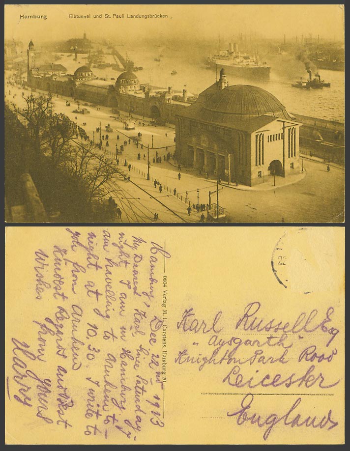 Germany Hamburg 1913 Old Postcard ELBTUNNEL Eingang St. Pauli Landung STEAMSHIP
