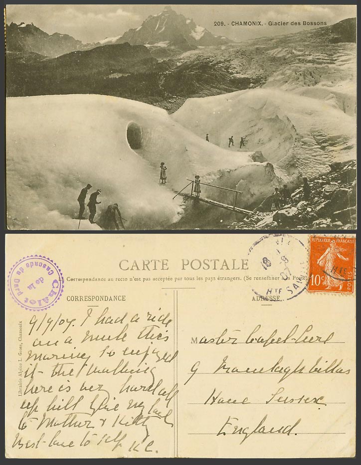 France, Chamonix Glacier des Bossons, Bridge Mountain Climbers 1907 Old Postcard