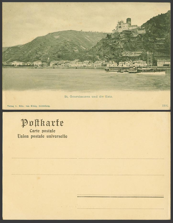 Germany St. Goar St. Goarshausen u. Burg Katz Boats Ships Old Postcard