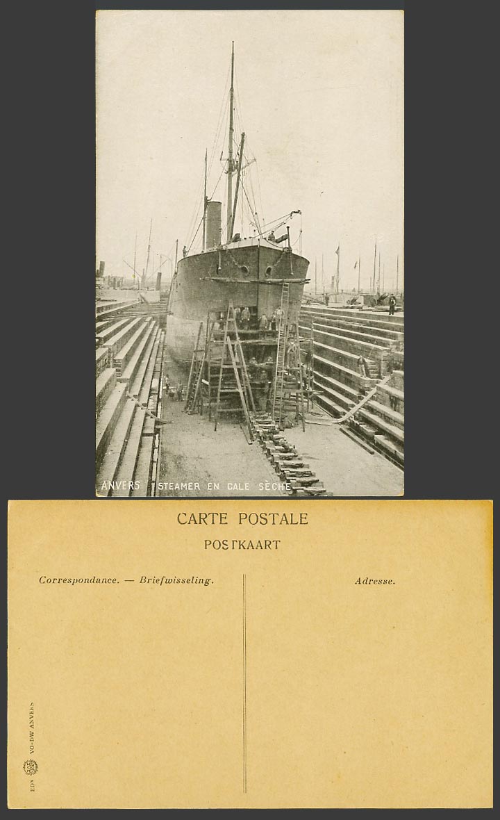 Belgium Old Postcard Anvers Steamer en Cale Seche Steam Ship in Dry Dock Antwerp