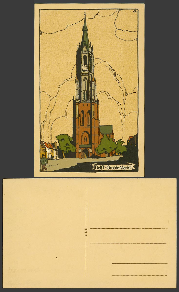 Netherlands CR Artist Signed Old Postcard Delft Groote Markt, Market Clock Tower
