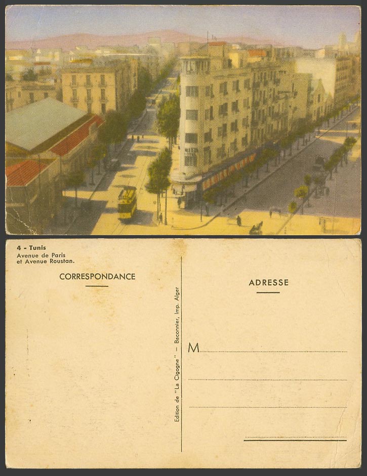 Tunisia Old Postcard Tunis, Avenue de Paris et Avenue Roustan, Street Scene TRAM