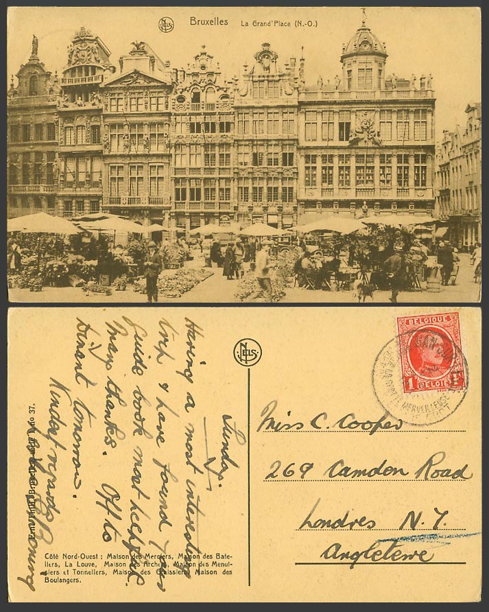 Belgium 1c c.1930 Old Postcard Bruxelles La Grand Place (N.-O) Market Square Dog