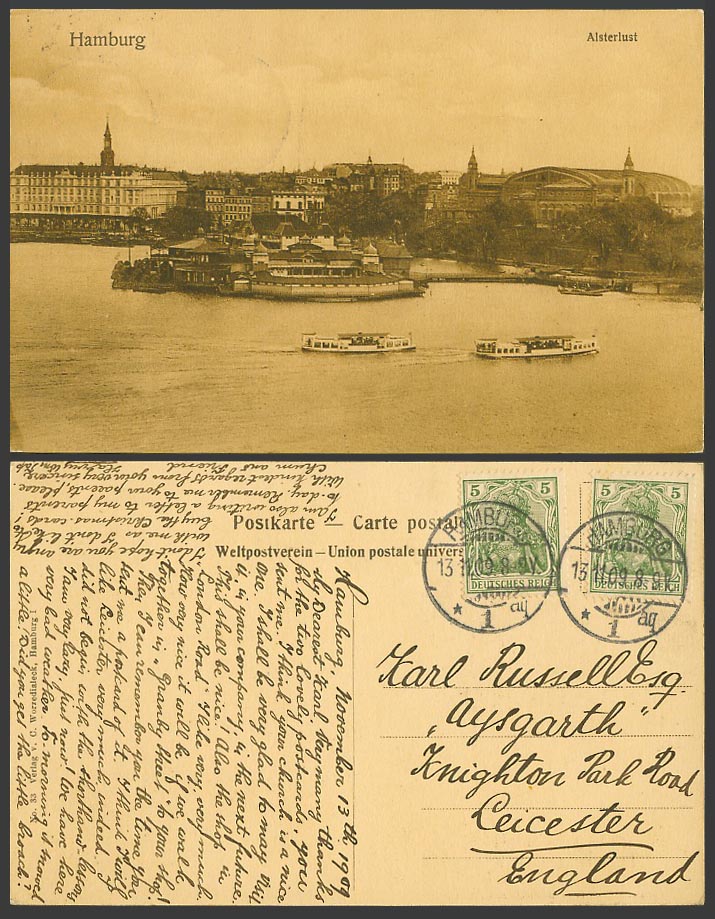 Germany HAMBURG 1909 Old Postcard RIVER ALSTER Alsterlust Ferries BOATS Panorama