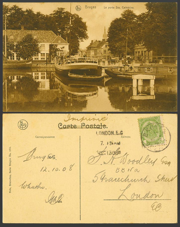 Belgium 5c 1908 Old Postcard BRUGES La Porte Ste. Catherine Harbour Boats Church