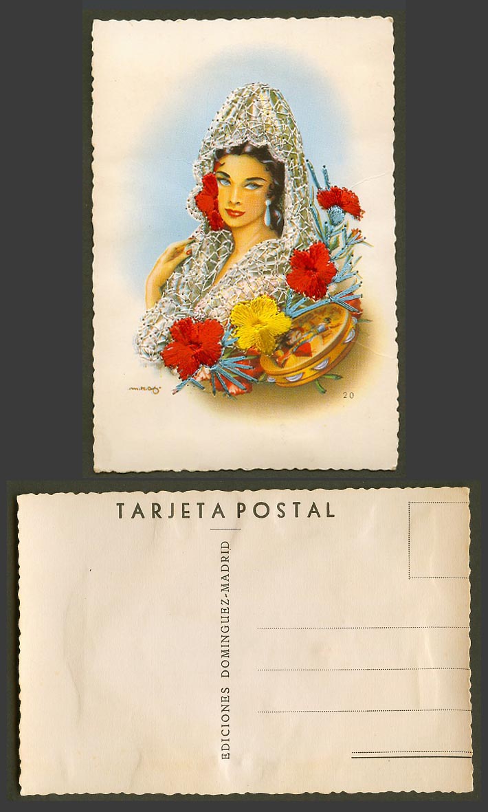 Spain Silk Embroidered Old Postcard Spanish Woman Lady, Lace Headscarf & Flowers
