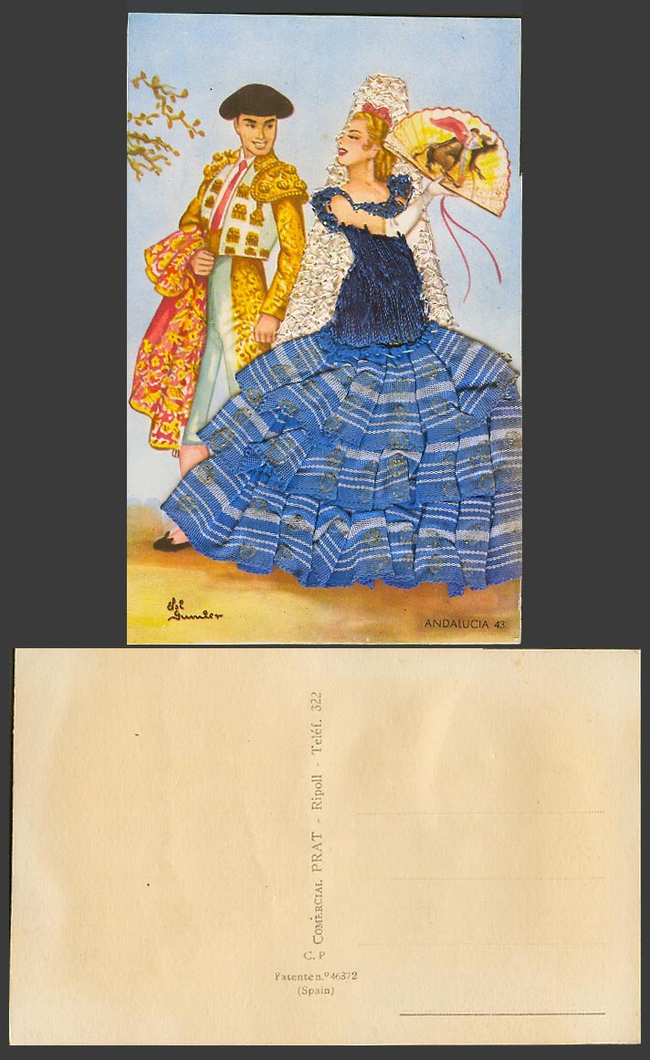 Spain Silk Embroidered Dress Andalucia Dancer Woman Fan Bullfighter Old Postcard
