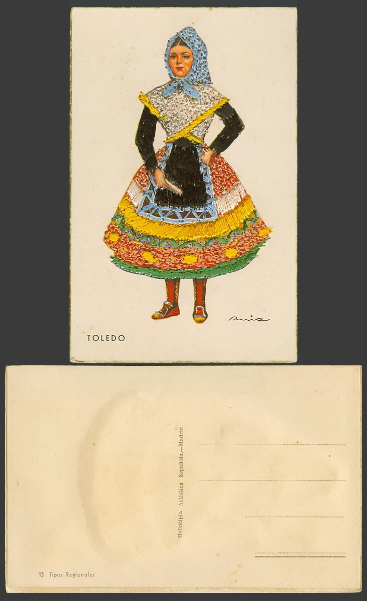 Spain Silk Embroidered Old Postcard Toledo Woman National Costumes Artist Signed
