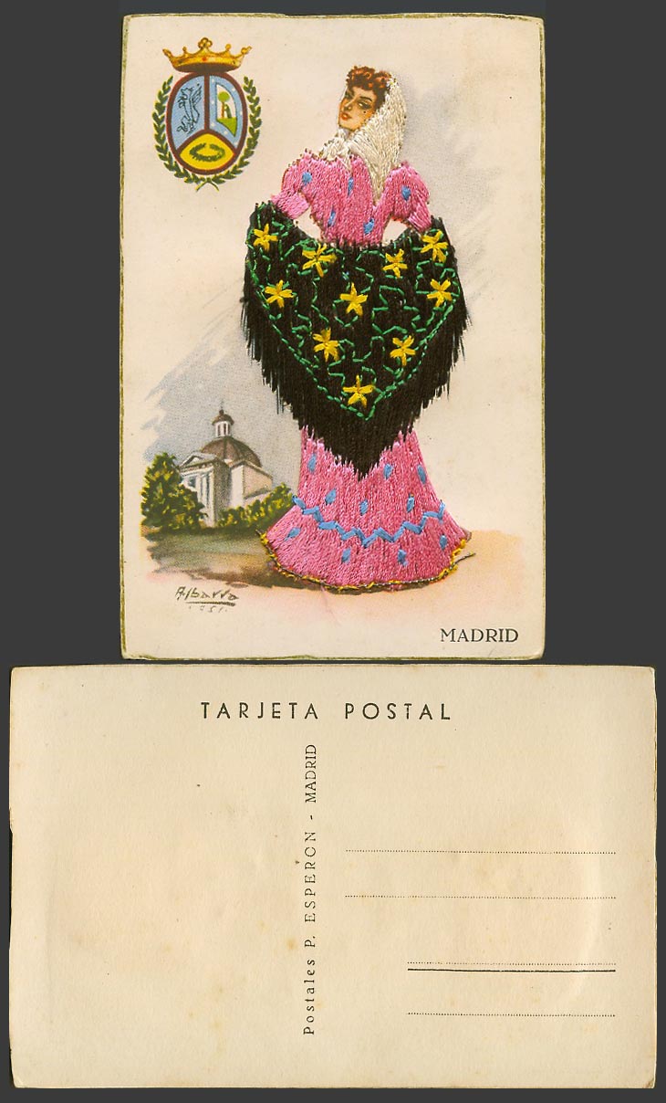 Spain Silk Embroidered, Albarra 1951 Old Postcard Madrid, Spanish Woman Costumes