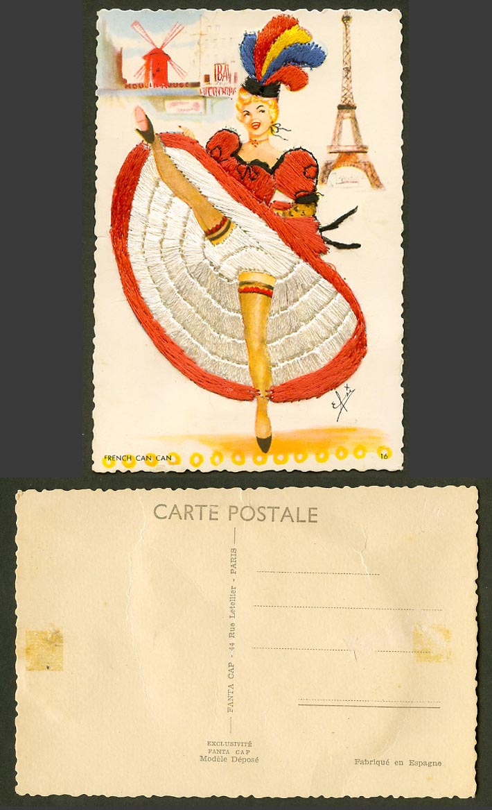 French Can Can, Silk Embroidered Dancer, Eiffel Tower Moulin Rouge Old Postcard