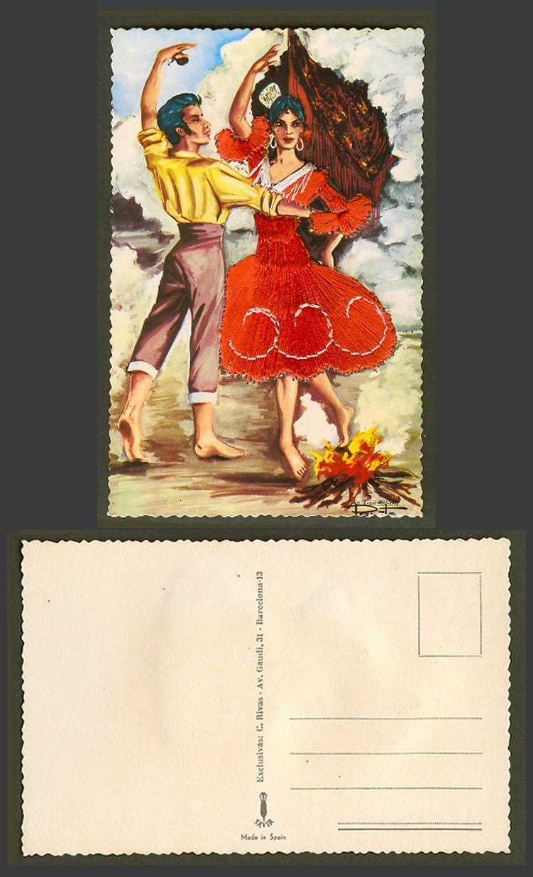 Spain Silk Embroidered Old Postcard Dancers Dancing Costumes Fire, Artist Signed