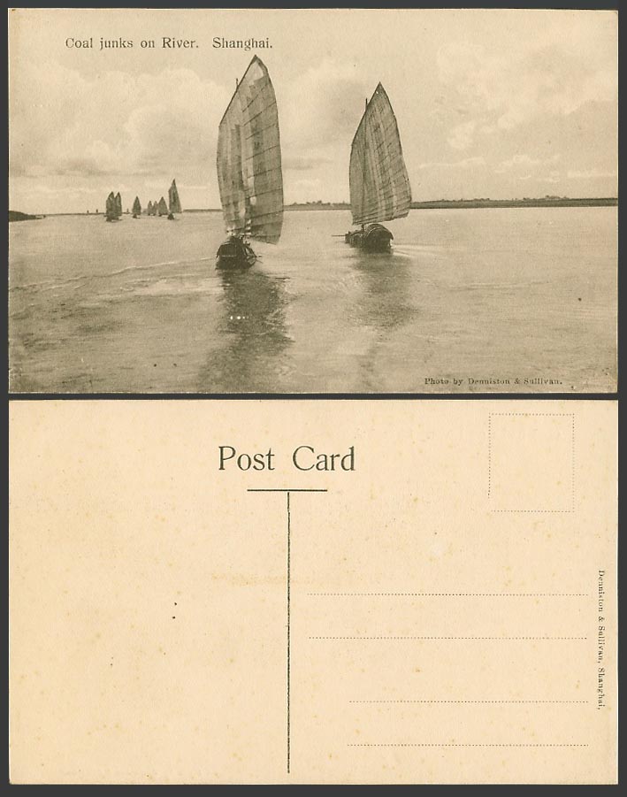 China Old Postcard Coal Junks on River Shanghai Chinese Junk Native Sailing Boat