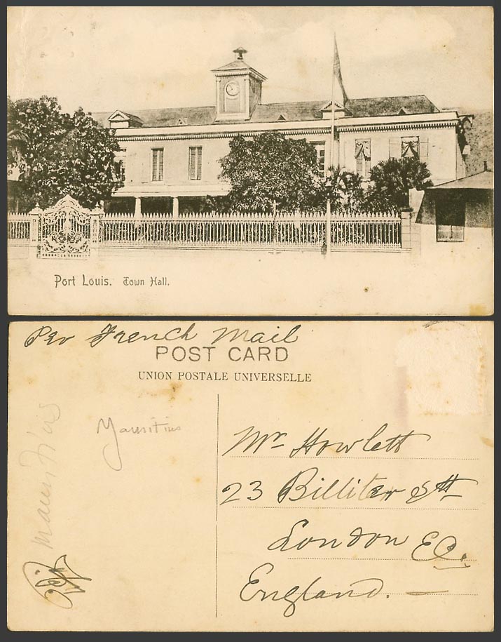 Mauritius Ile-Maurice 1910 Old Postcard Port Louis Town Hall Hotel de Ville Flag