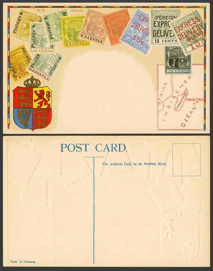 Mauritius MAP Coat of Arms Illus Vintage Stamps Stamp Card Old Embossed Postcard