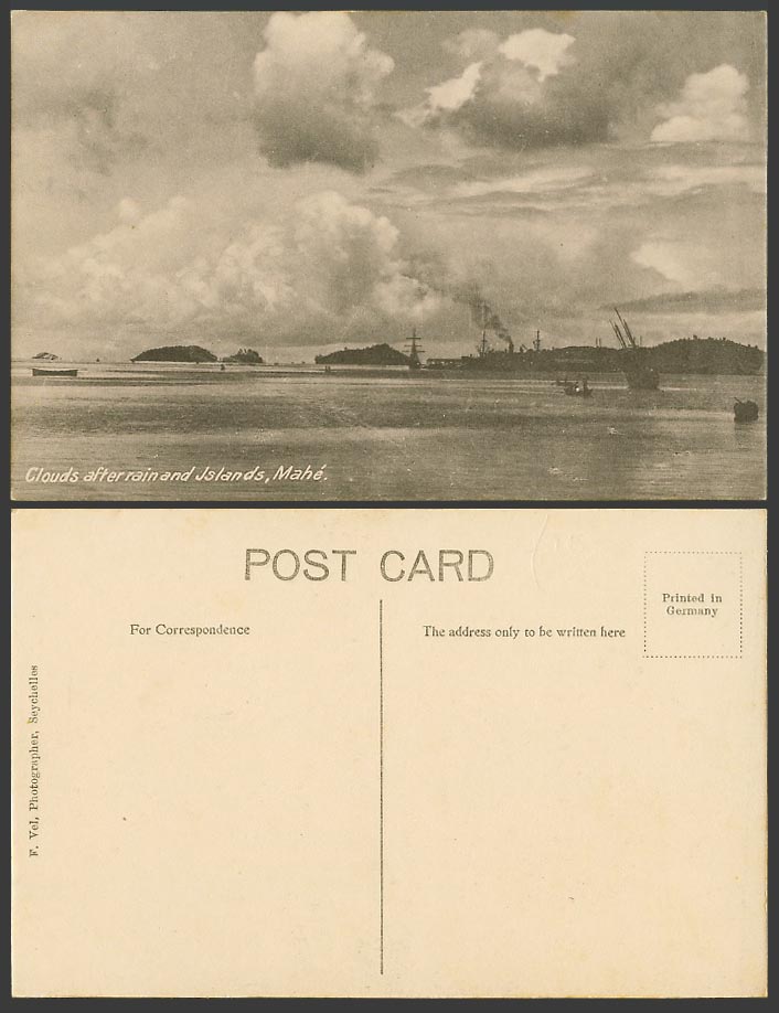 Seychelles Old Postcard Mahe Mahé, Clouds after Rain and Islands, Boats, Harbour