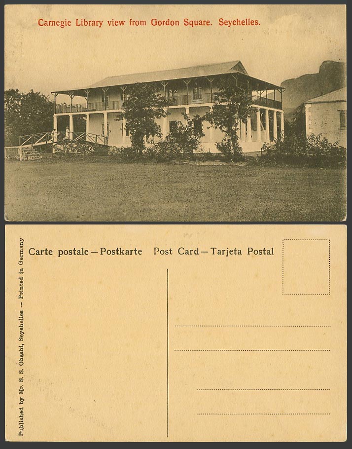 Seychelles Old Postcard Carnegie Library View from Gordon Square Mr. S.S. Ohashi