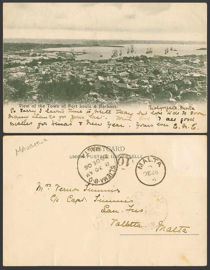Mauritius Malta Postmarks 1906 Old Postcard Port Louis, View of Town and Harbour