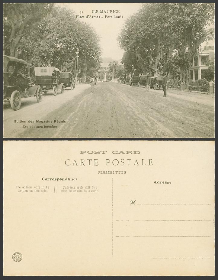 Mauritius Old Postcard Port Louis Place d'Armes, Street Scene Vintage Motor Cars