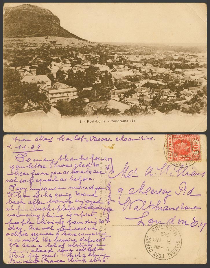 Mauritius General Post Office KG6 10c 1939 Old Postcard Port Louis Panorama No.1