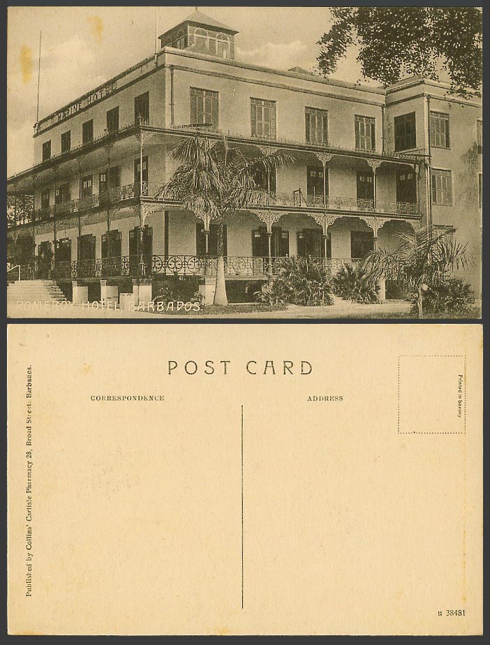 Barbados Old Postcard Pomeroy Hotel Palm Tree Collins' Carlisle Pharmacy u 38481