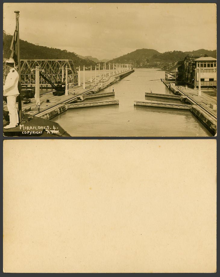 Panama Canal Old Real Photo Postcard Miraflores Locks Bridge Bridges panorama 4.