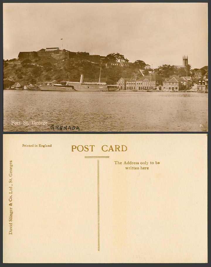 Grenada Old Real Photo Postcard Fort St. George Fortress St. George's Steam Ship