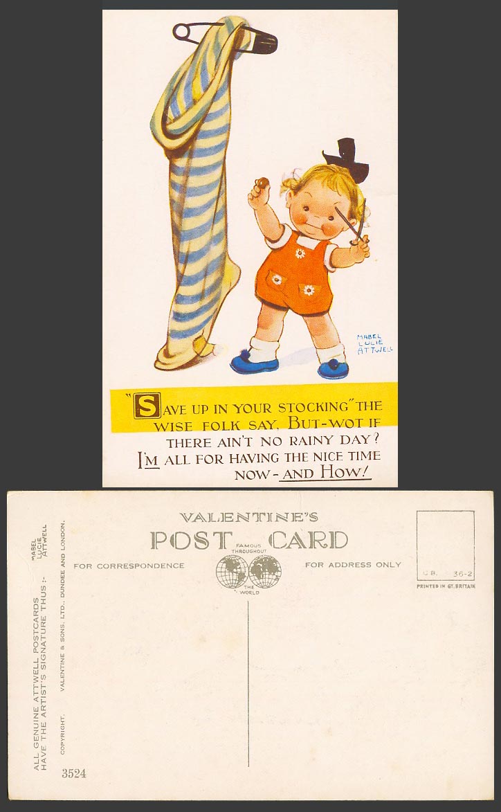 MABEL LUCIE ATTWELL Old Postcard Save Up in Your Stocking, If No Rainy Day 3524
